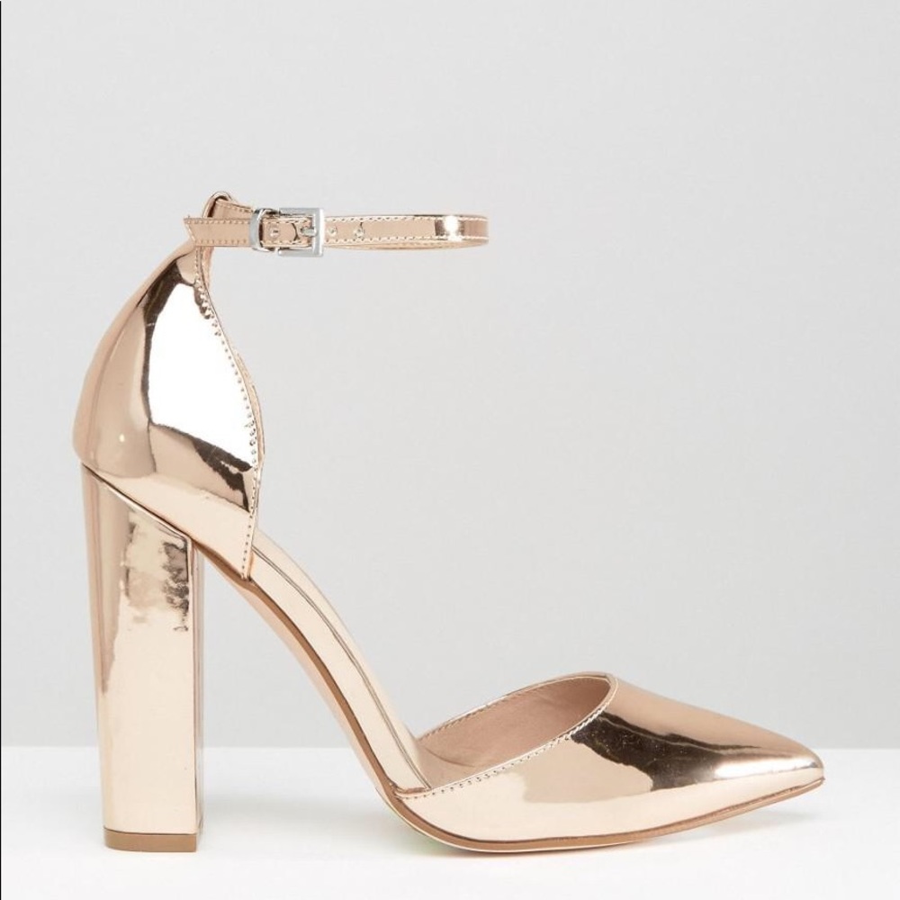 Metallic gold pointed toe pumps with ankle strap